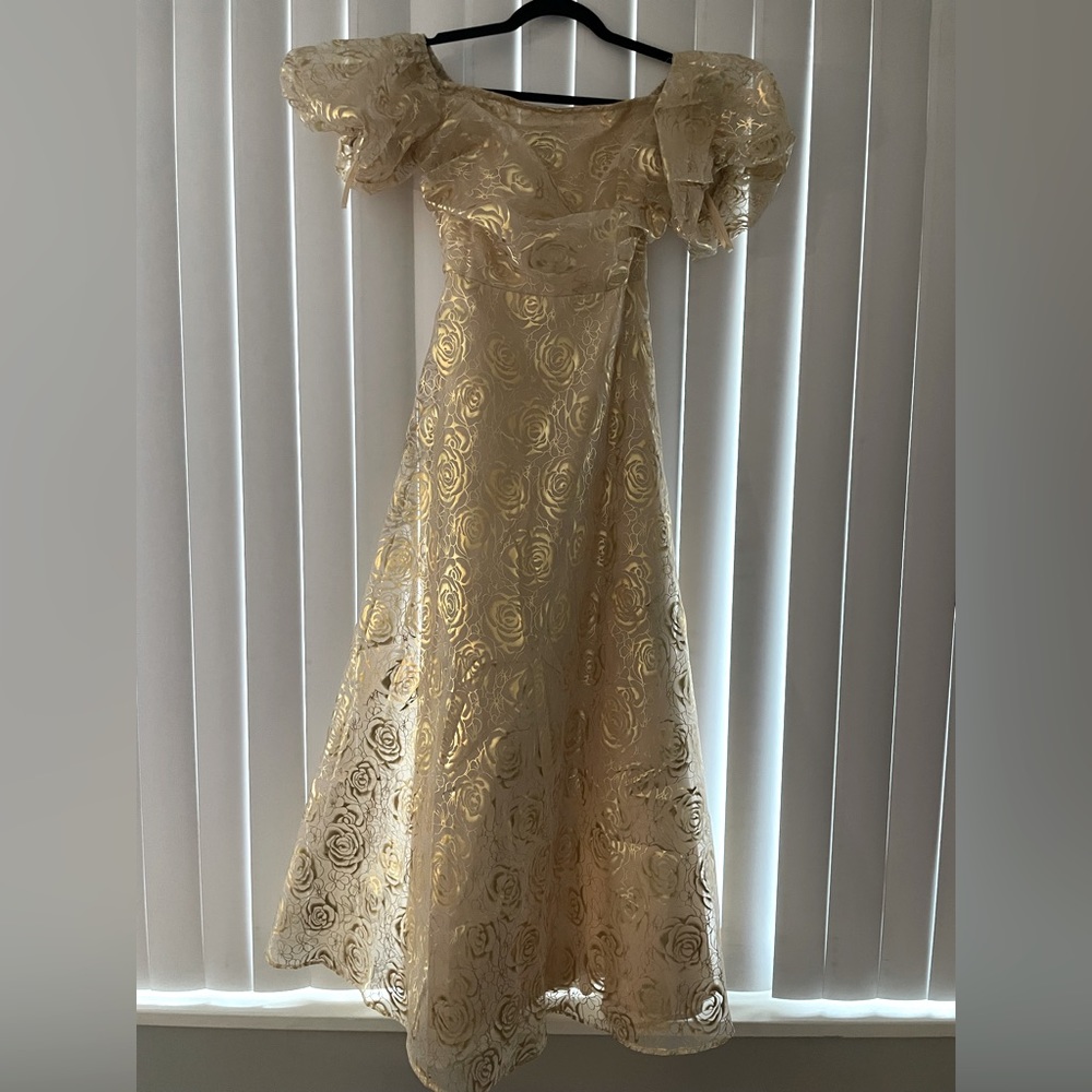 Gold off the shoulder dress with roses printed on outer layer